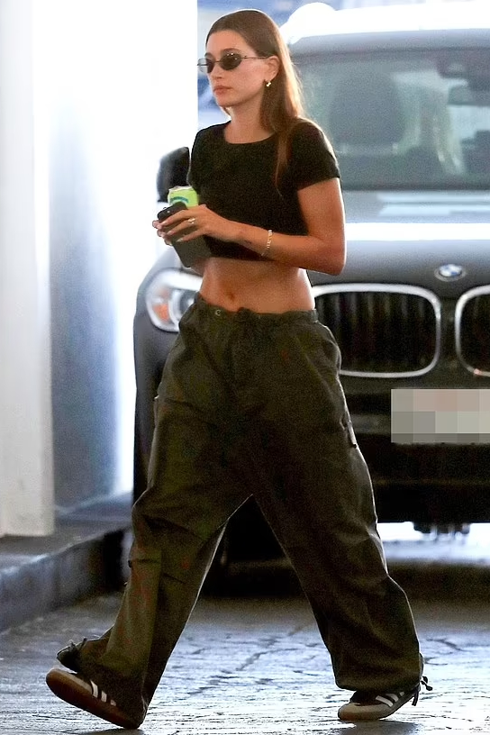 Hailey Bieber  wore Olive Parachute Cargo Pants Out In Beverly Hills August 15, 2022