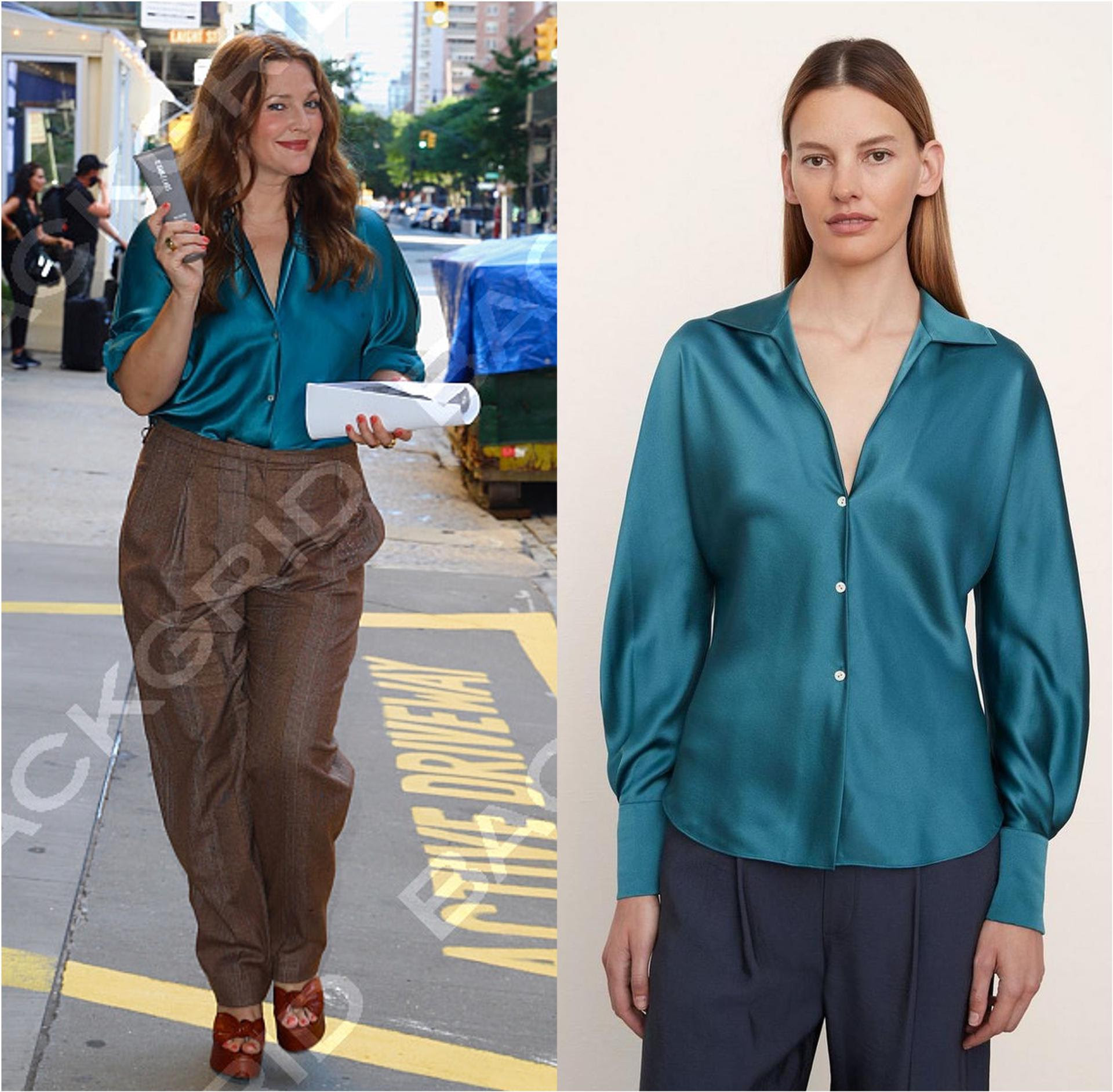 DREW BARRYMORE wears VINCE Blouse  out  in New York
