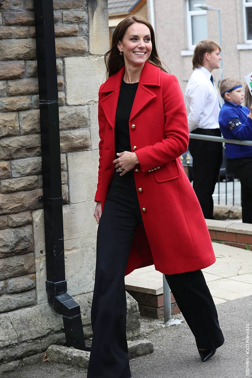 Kate Middleton Wears Red L.K. Bennett Spencer Coat in Wales