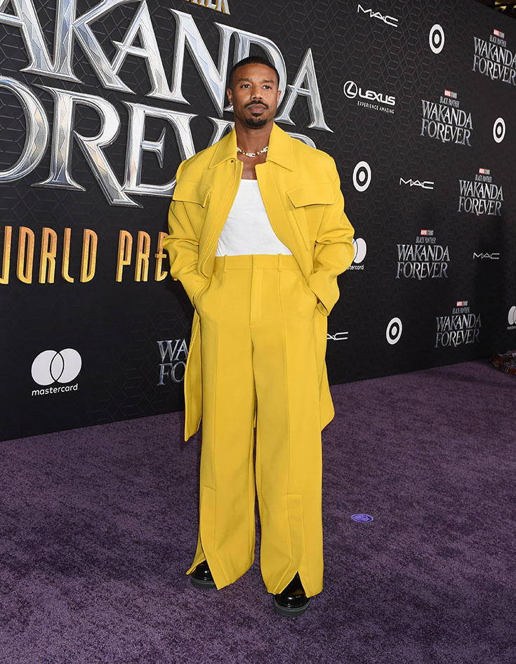 Michael B. Jordan  in Yellow suit  @ world premiere of Marvel Studios’ “Black Panther: Wakanda Forever”  in LA