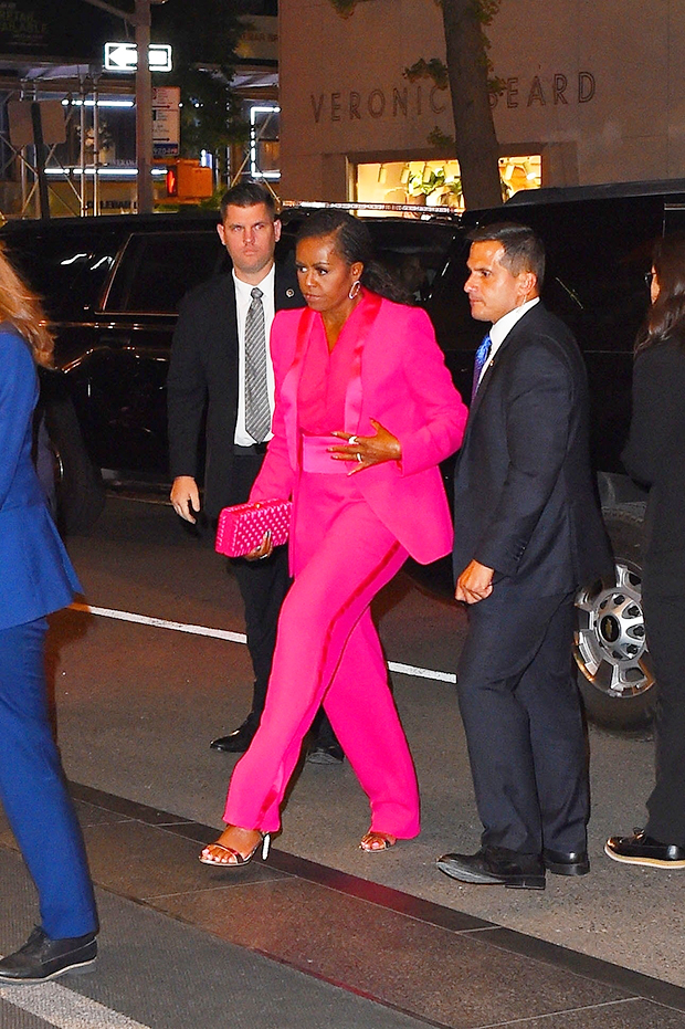 Michelle Obama  in a hot pink pantsuit @ after-party for George Clooney’s Albie Awards  in New York