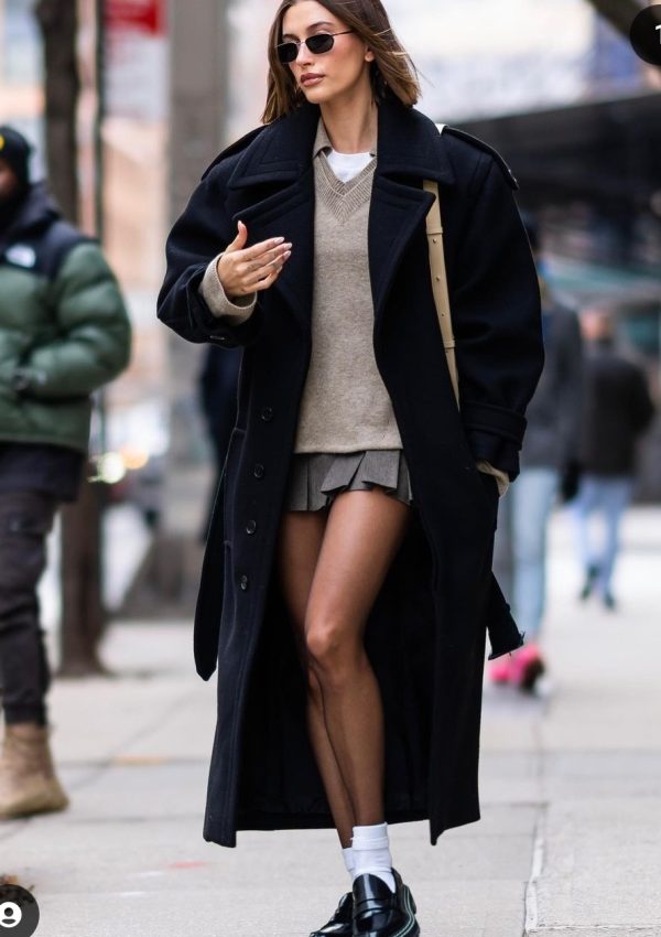 Hailey Bieber  wearing  Saint Laurent Belted Coat Out In New York City January 22, 2023