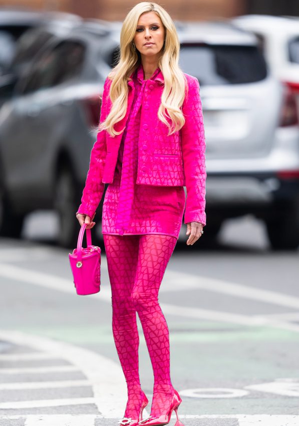 Nicky Hilton Rothchild wears   Pink Valentino  Vlogo Monogram Jacket Out In New York City