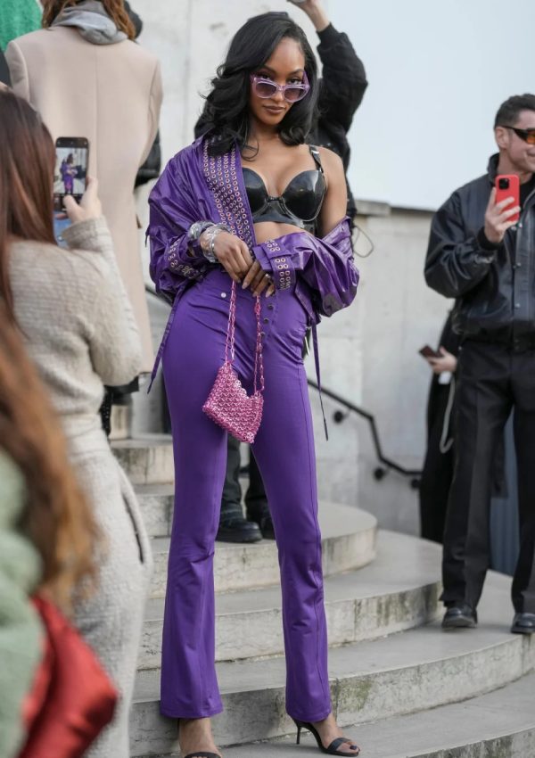 Jourdan Dunn  in purple outfit arriving @  Paco Rabanne Fall PFW 2023 Show in Paris