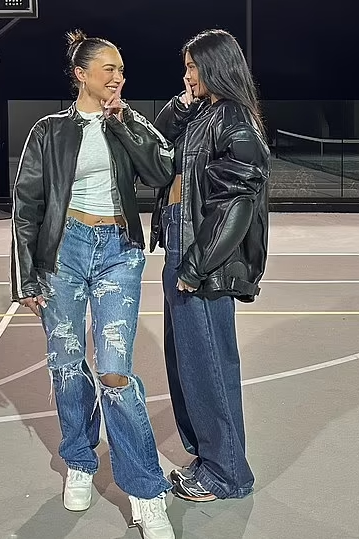 Kylie Jenner  wore Alexander Wang Oversized Moto Jacket & Wide Leg Jeans @ Instagram