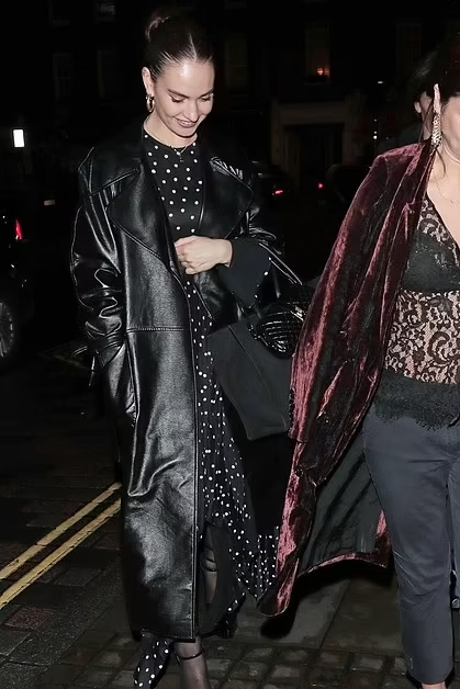 Lily James wore  Faux-Leather Trench Coat @ London March 27, 2023