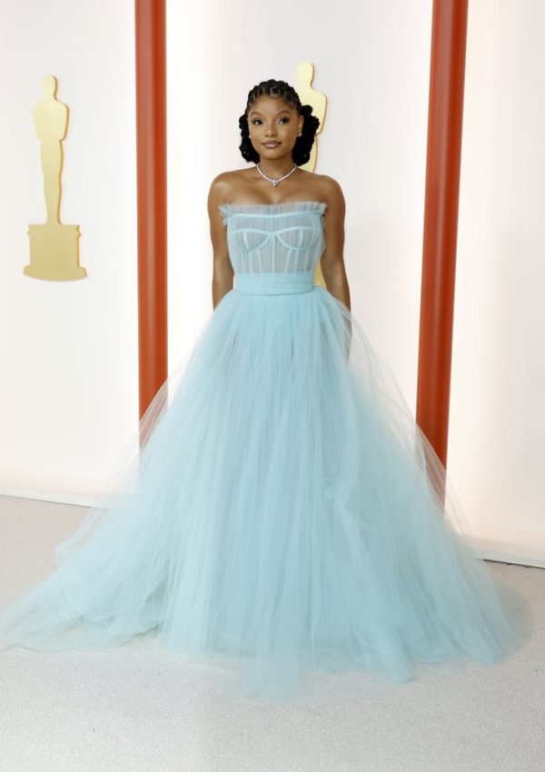 Halle Bailey wore an aqua  Sheer Corset tulle dress @ Oscars 2023