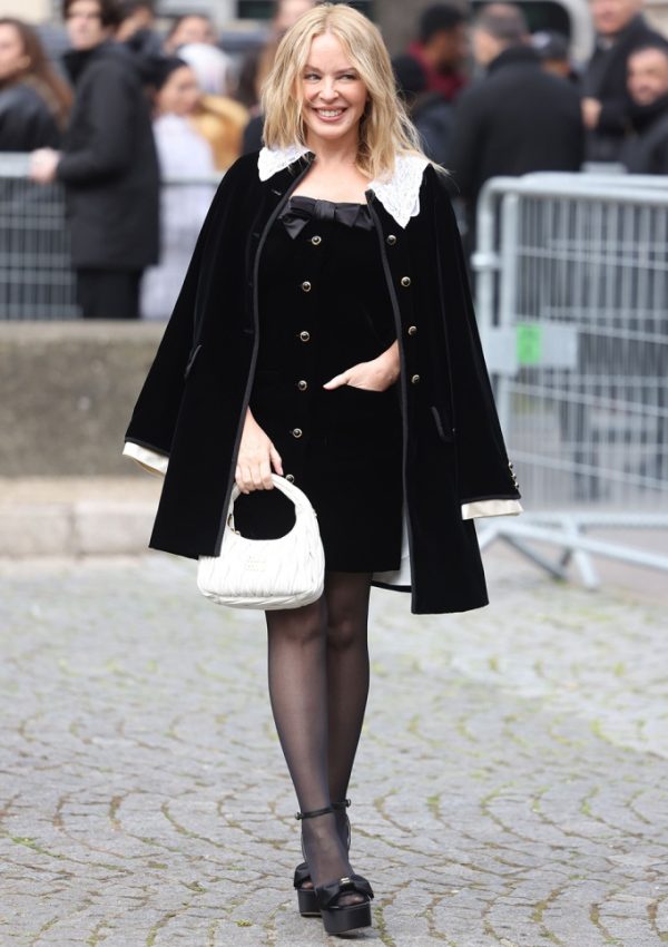 Kylie Minogue in velvet  black jacket  @  Miu Miu Fall 2023 Paris Fashion Week