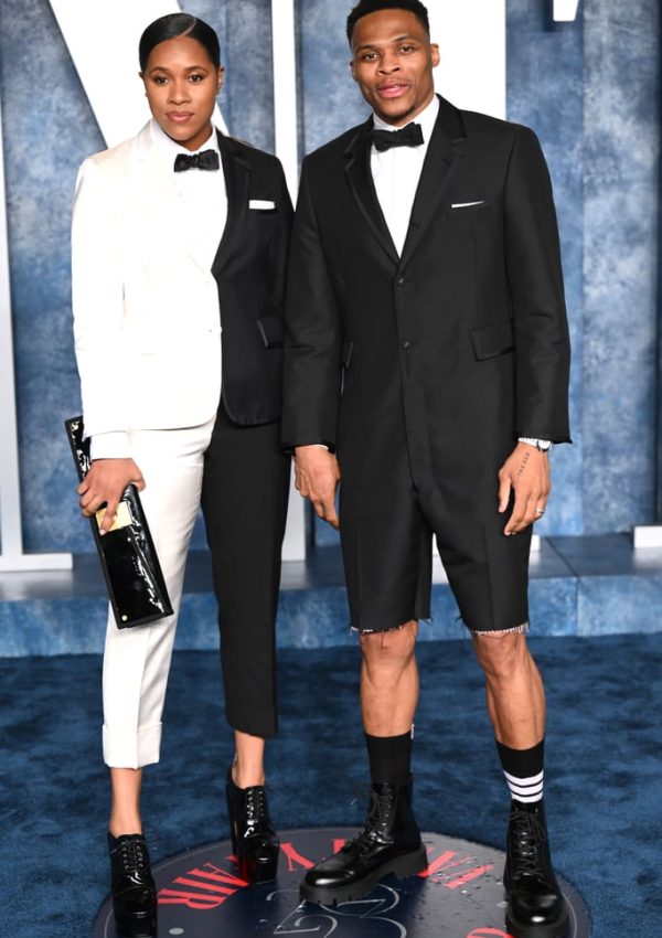 Nina Earl and Russell Westbrook  in Thom Browne @ 2023 Vanity Fair Oscars party