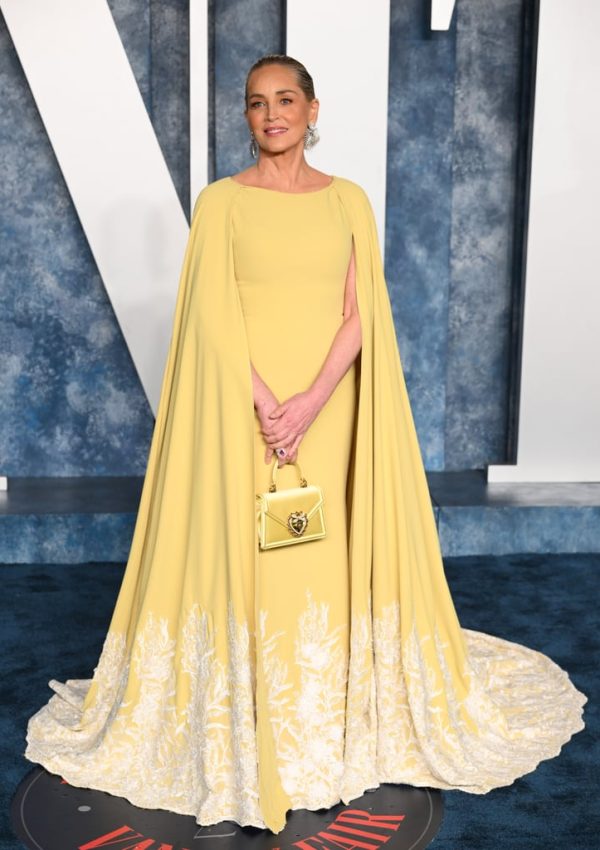 Sharon Stone wore yellow Tony Ward cape gown  @ 2023 Vanity Fair Oscars party
