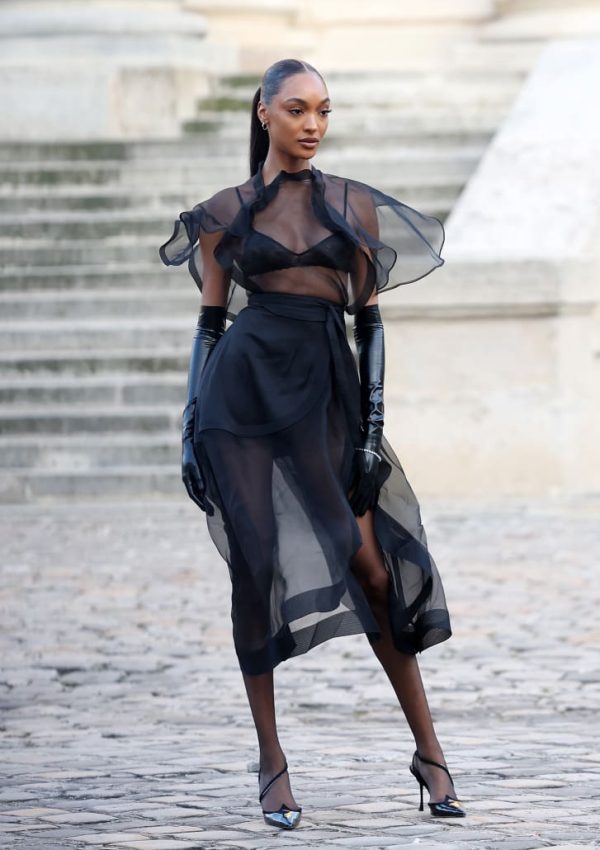 Jourdan Dunn wears Black Sheer  Dress @ Victoria Beckham Fall 2023 Show In Paris