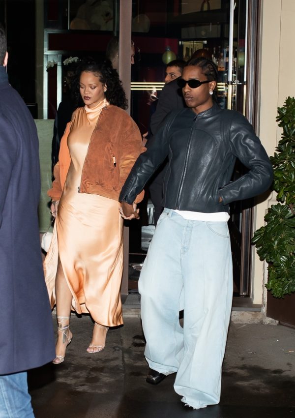 Pregnant Rihanna  in Champagne Slip Dress &  Dinner With ASAP Rocky in Milan