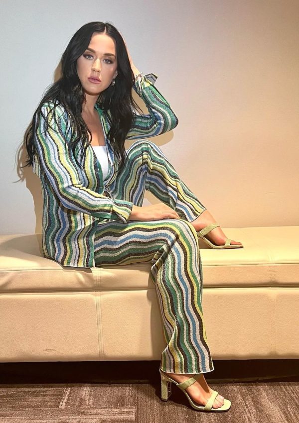 Katy Perry’s green striped top and pants and sandals @ QVC