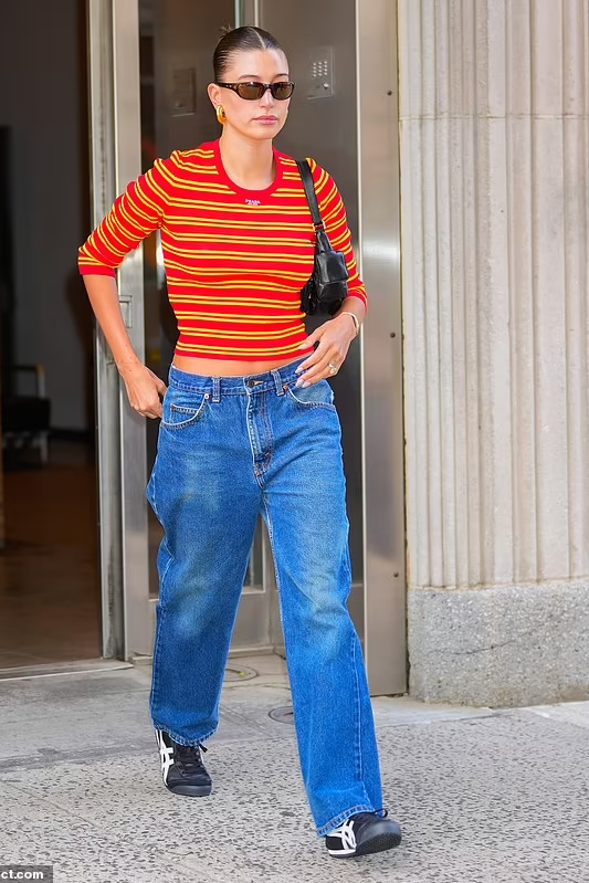 Hailey Bieber  wore Prada Stripe Blouse @ New York April 11, 2023
