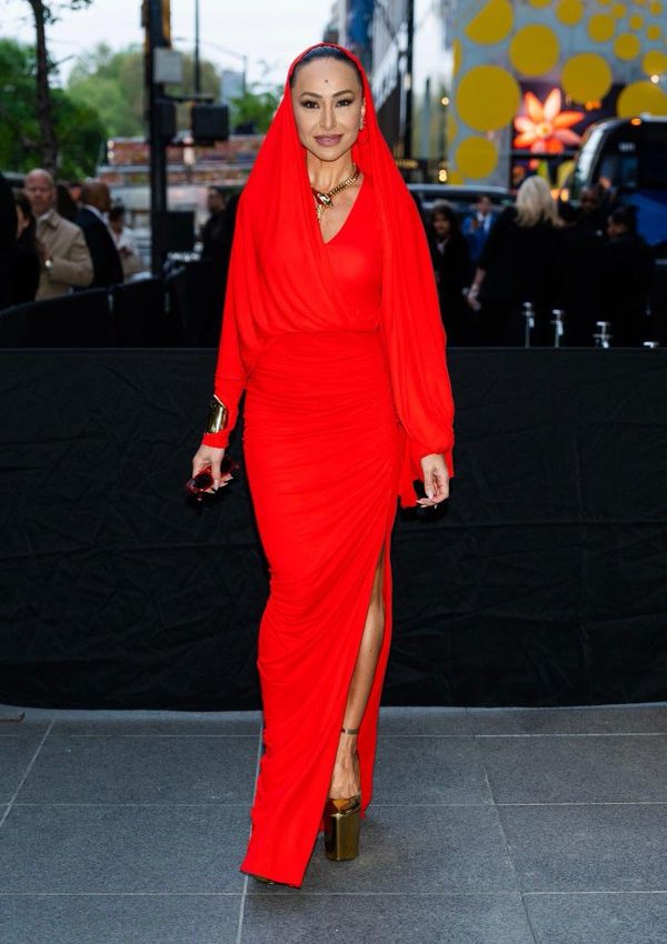 Sabrina Sato wears Red Schiaparell Hooded gown @ Tiffany & Co. NYC Flagship Store Reopening
