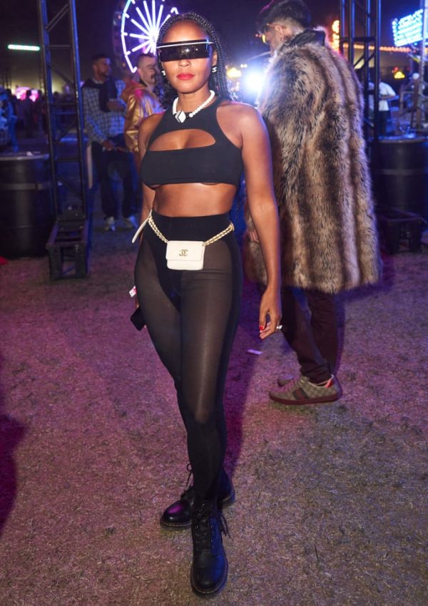 Janelle Monáe wore sheer-paneled tights & Chanel jewelry @ Neon Carnival during Coachella 2023