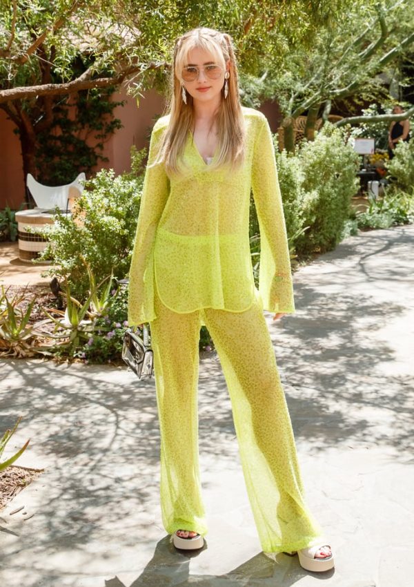 Kathryn Newton wore a neon-sequined-pants set @ H&M Poolside  Coachella Brunch 2023