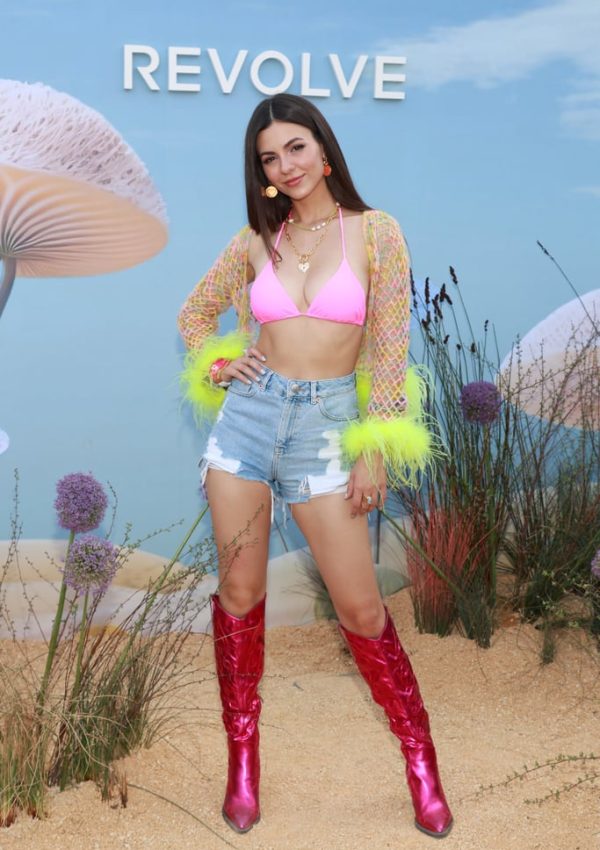 Victoria Justice wore pink metallic cowboy boots @ 2023 Revolve Festival during Coachella