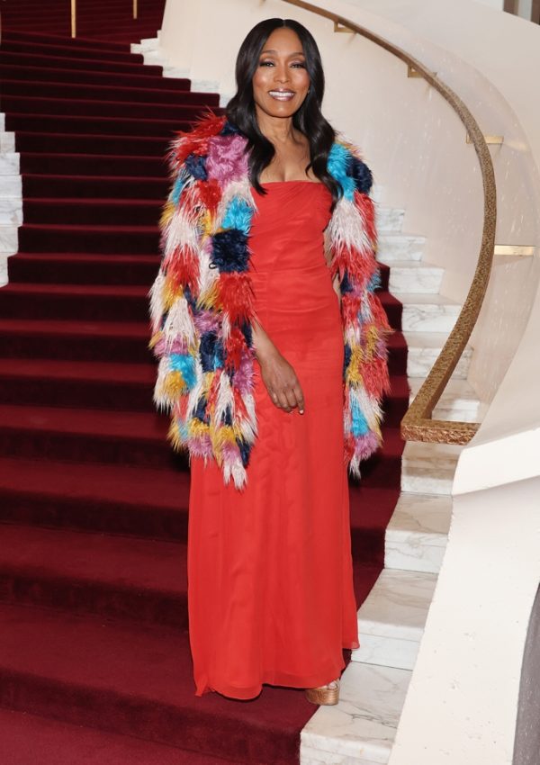 Angela Bassett wore red Gown  & Faux Fur Shawl  @  “Champion” Opening Night  in New York