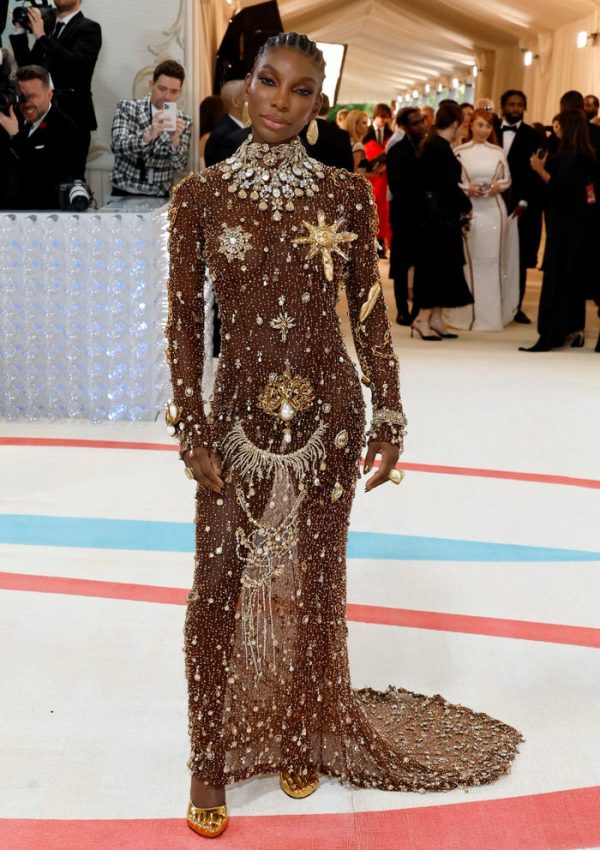 Michaela Coel wore  Custom crystal Schiaparelli  Gown @ 2023 Met Gala 