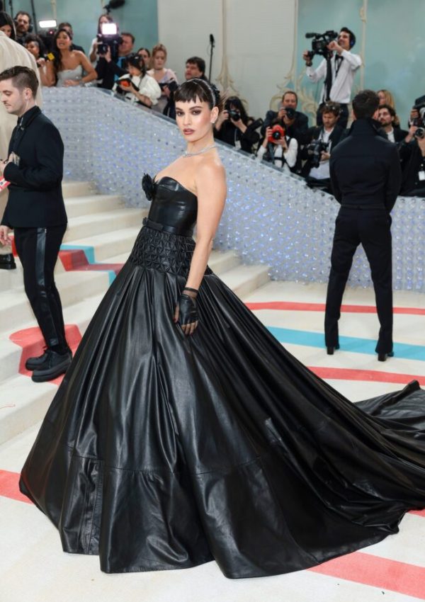 Lily James in  Black  leather gown @ Met  Gala 2023