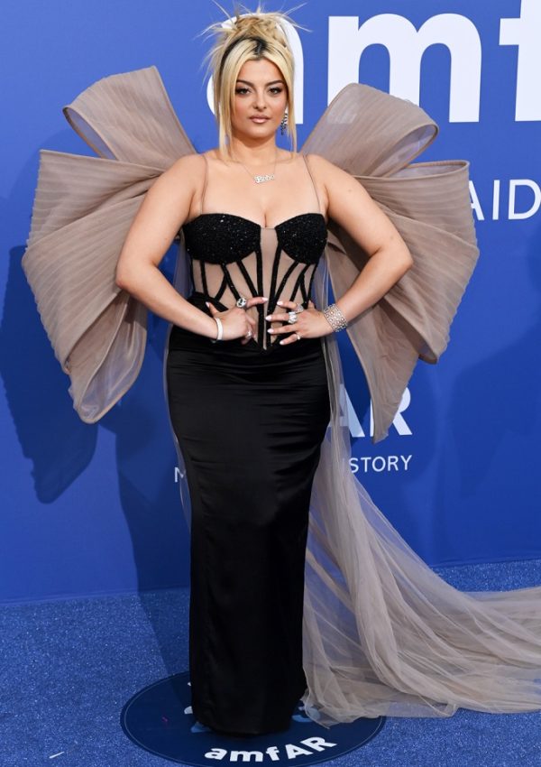 Bebe Rexha in black gown with bow @ amfAR  Cannes gala 2023