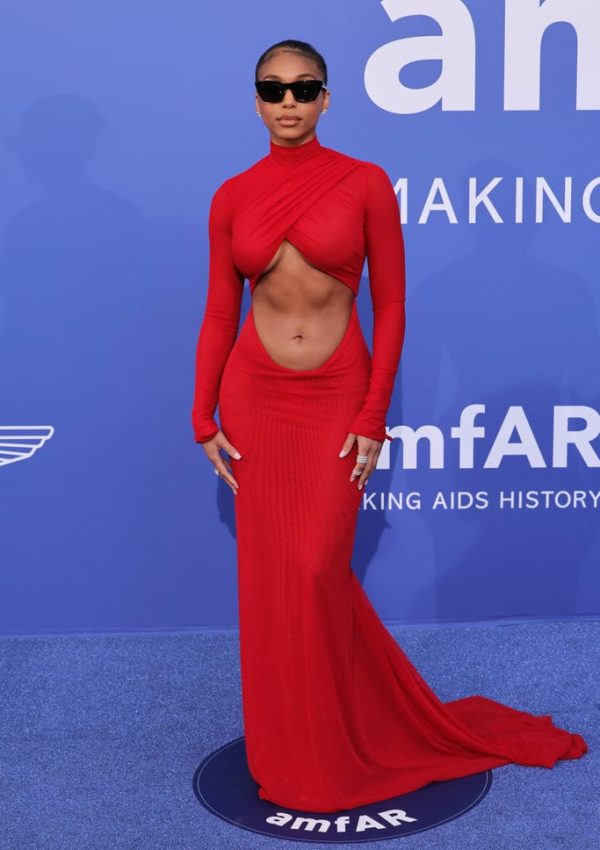 Lori Harvey wore red LaQuan Smith gown  @ amfAR Gala 2023 in Cannes