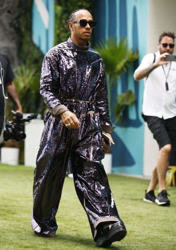 Lewis Hamilton in custom sequin  Rick Owens  jumpsuit  @  Miami grand prix 2023