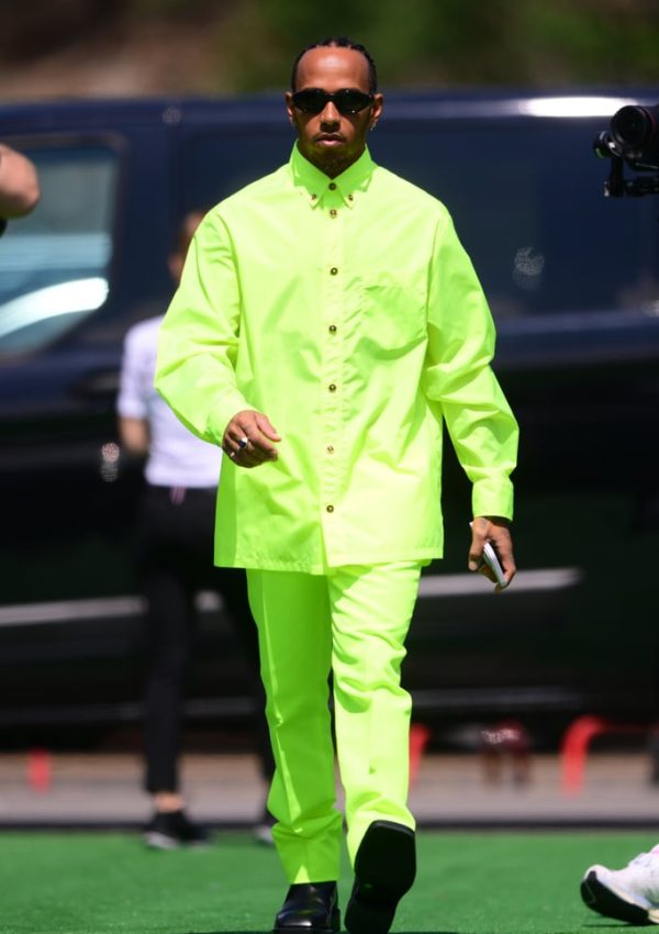 Lewis Hamilton  in neon green Versace Outfit @ Spanish grand prix