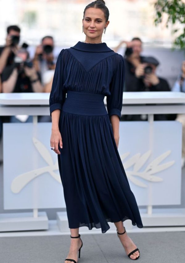 Alicia Vikander wore navy Louis Vuitton dress  @ Firebrand Cannes photocall