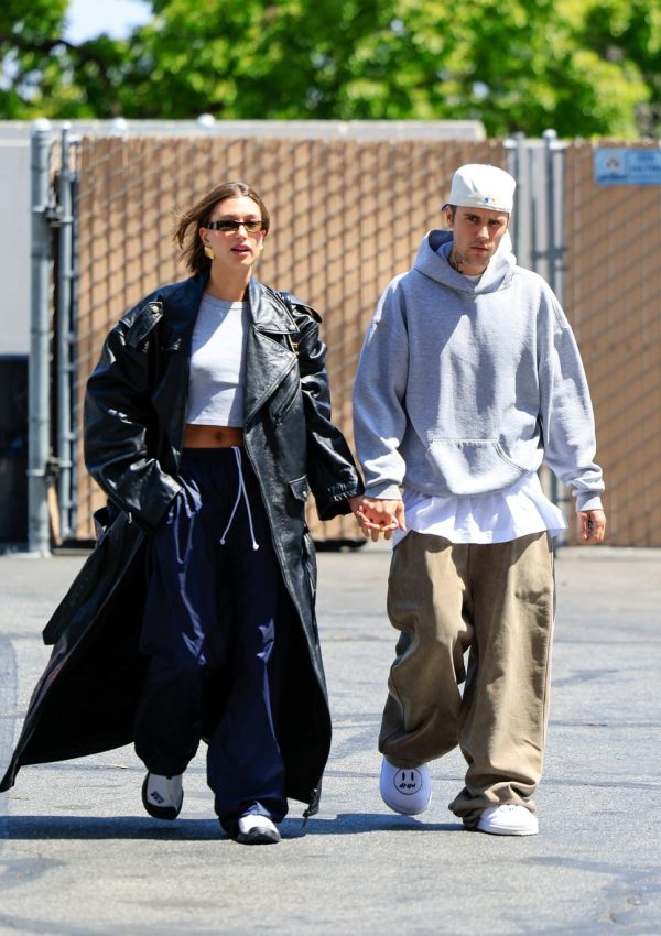 Hailey Bieber In Oversized Leather Trench with Baggy Pants for Day Out with Justin