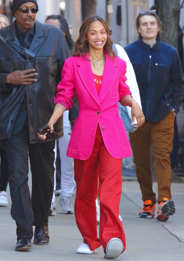 Zoe Saldana wore Pink   Christopher John Rogers  Blazer in  New York   March 9, 2023