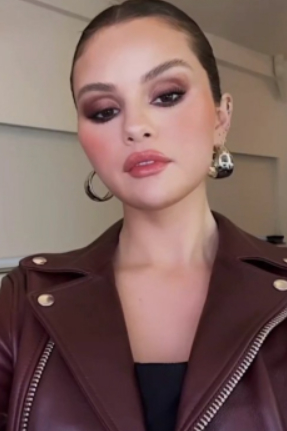 Selena Gomez promoted her new Rare Beauty collection in Acne Studios Biker Leather Jacket