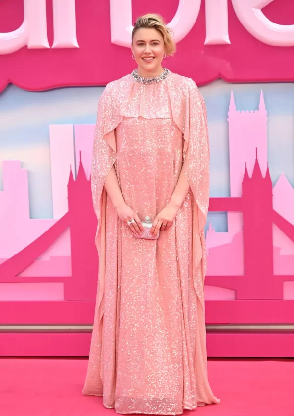 Greta Gerwig wore shimmering  Erdem caped gown @ Barbie London Premiere