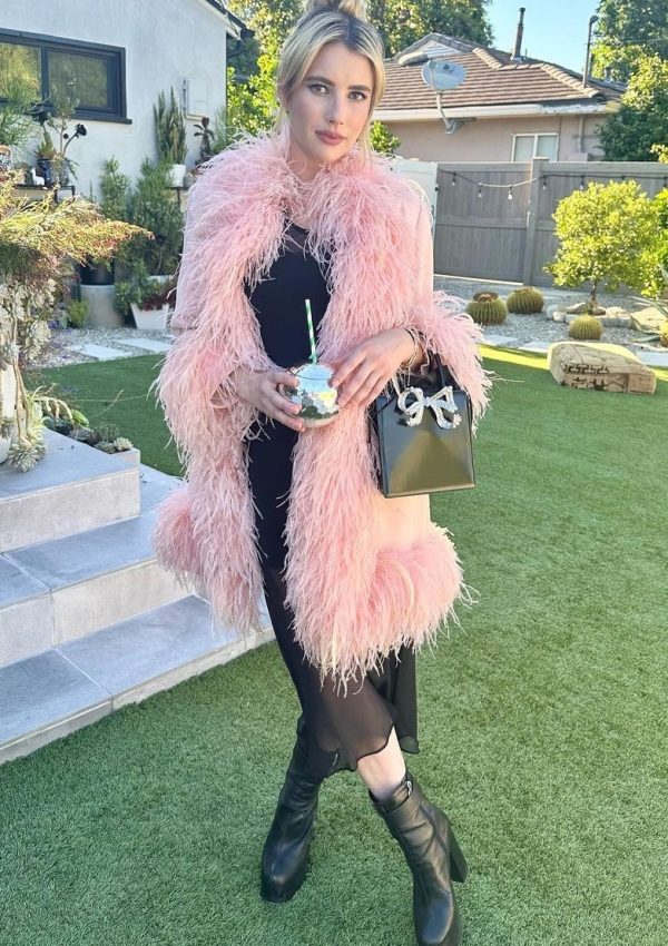 Emma Roberts wore Pink Bill Blass  Coat @ Instagram August 4, 2023