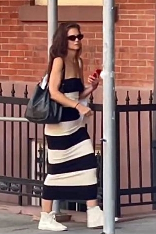 Katie Holmes wore Stripe Dress  @ New York City August 15, 2023