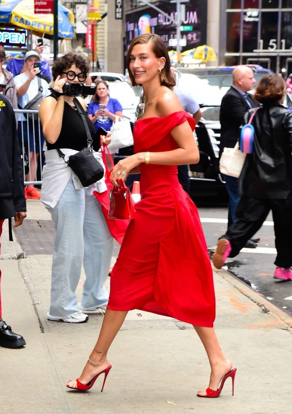 Hailey Bieber  in Red Dress @Good Morning America August 28, 2023