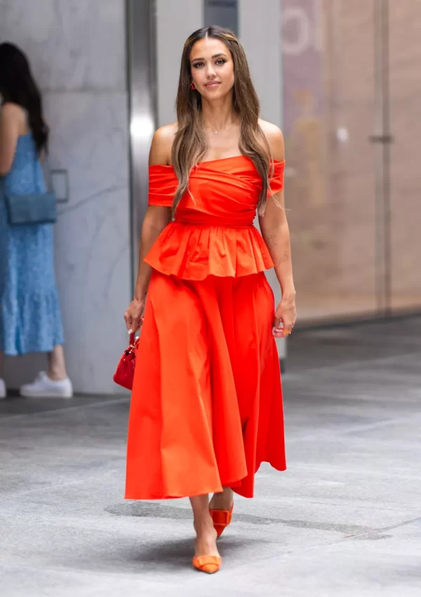 Jessica Alba in orange   Design  @  ‘Honest Renovations’ Press Tour in New York