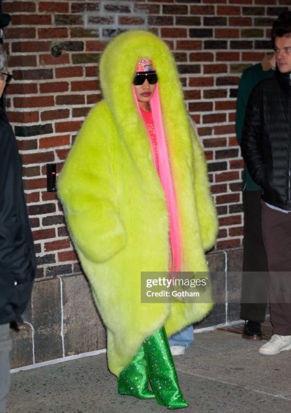 NICKI MINAJ WEARS neon yellow  ALEXANDRE VAUTHIER  faux fur coat  @ New York