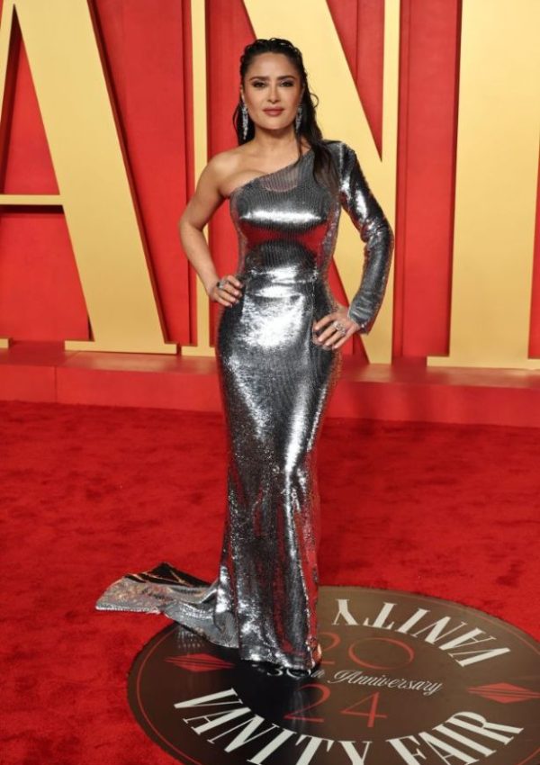 Salma Hayek  wore metallic Gucci gown @ 2024 Vanity Fair Oscar Party