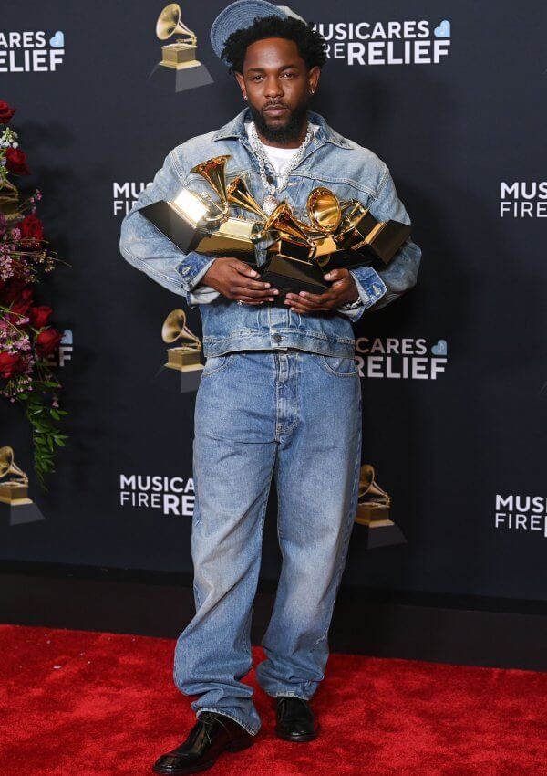 Kendrick Lamar sweeping the Grammys in a Canadian tuxedo